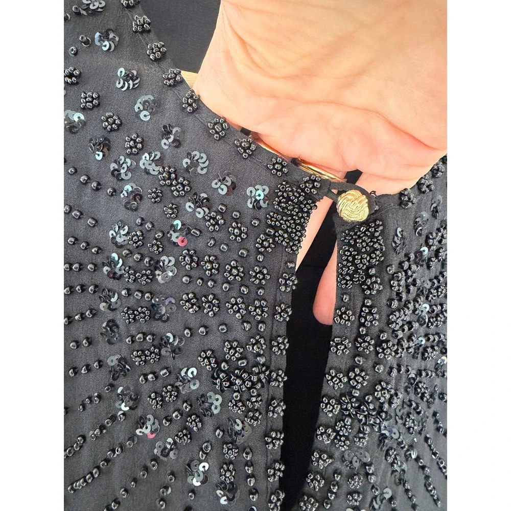 TORY BURCH Black Silk Beaded Sequin Long Sleeve Blouse Glam Regency Size 4
